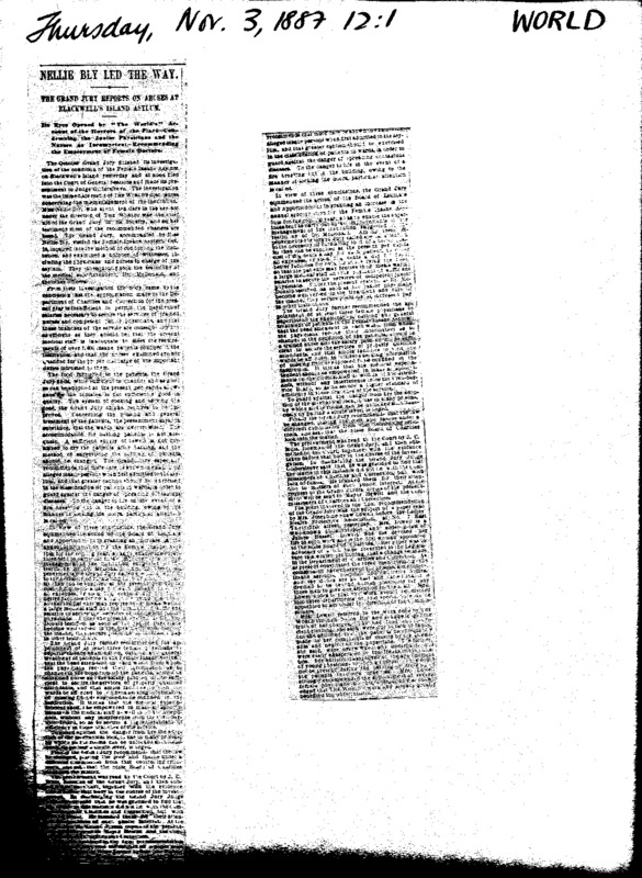 Behind Asylum Bars Reaction: "Nellie Bly Led the Way" - Unsigned - New York World

