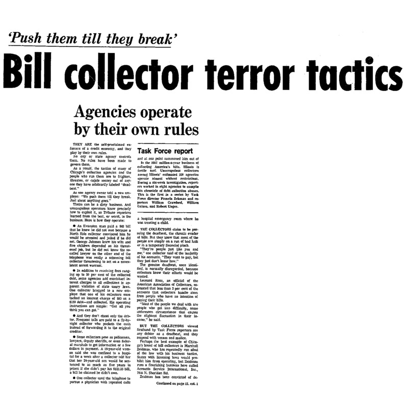 First of the Task Force series by Pamela Zekman, William Crawford, William Gaines and Robert Unger for Bill Collectors.