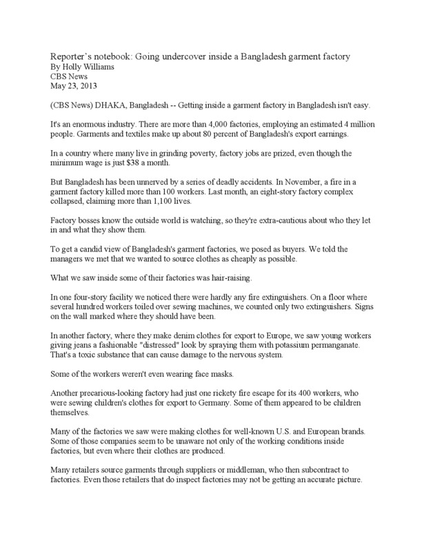 Document titled, Reporter;s notebook: Going undercover inside a Bangladesh garment factory By Holly Williams