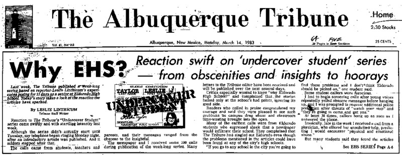 Albuquerque Tribune article titled, "Why EHS?" Written by Leslie Linthicum as part of the "Undercover Student" series reaction.
