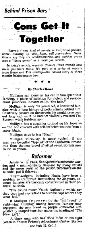 San Francisco Chronicle article titled, "Cons Get It Together." Written by Charles Howe as part of the "Behind Prison Bars" series.