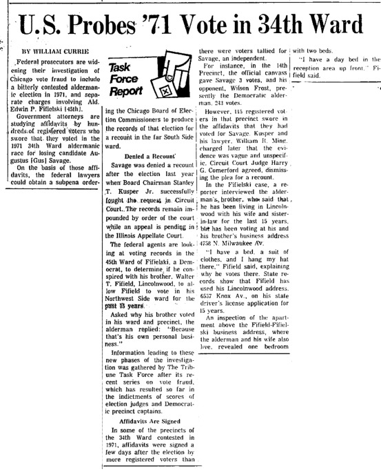 Chicago Tribune article titled, "U.S. Probes '71 Vote in 34th Ward." Written by William Currie as part of the reaction to the Task Force Vote Fraud Investigation.