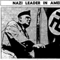 Fritz Kuhn addressing an audience on the Fourth of July that included reporters William Mueller and John Metcalfe.