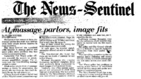 Fort Wayne News-Sentinel article titled, "At Massage Parlors, Image Fits." Written by Tony Horwitz and Ellen Bugher.