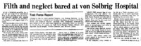 Chicago Tribune article titled, "Filth and neglect bared at von Solbrig Hospital." Written by an Unsigned author for the Von Solbrig Task Force Report.