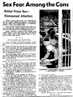 San Francisco Chronicle article titled, "Sex Fear Among the Cons." Written by Tim Findley as part of the "Behind Prison Bars" series.