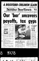 Chicago Sun-Times article titled, -Our Bar Uncovers Payoffs, Tax Gyps." Written by Pamela Zekman and Zay N. Smith as part of the Mirage tavern sting series.